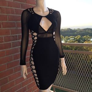 Deep V Hollow Mesh Bandage Bodycon Dress